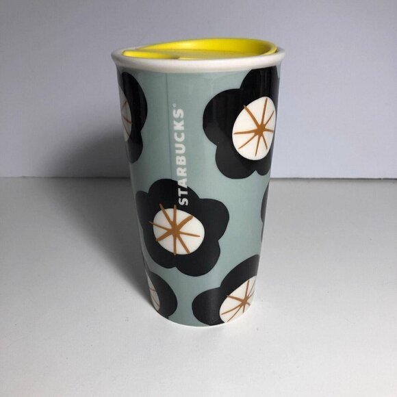 Starbucks Green Spring Black Floral Ceramic Traveler Tumbler Coffee Cup #92 - Picture 3 of 7